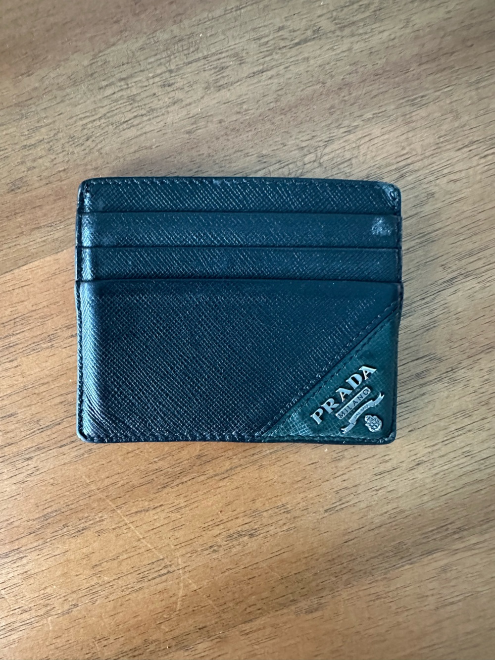 Prada Black Saffiano Leather Slim Card Case with Logo Corner